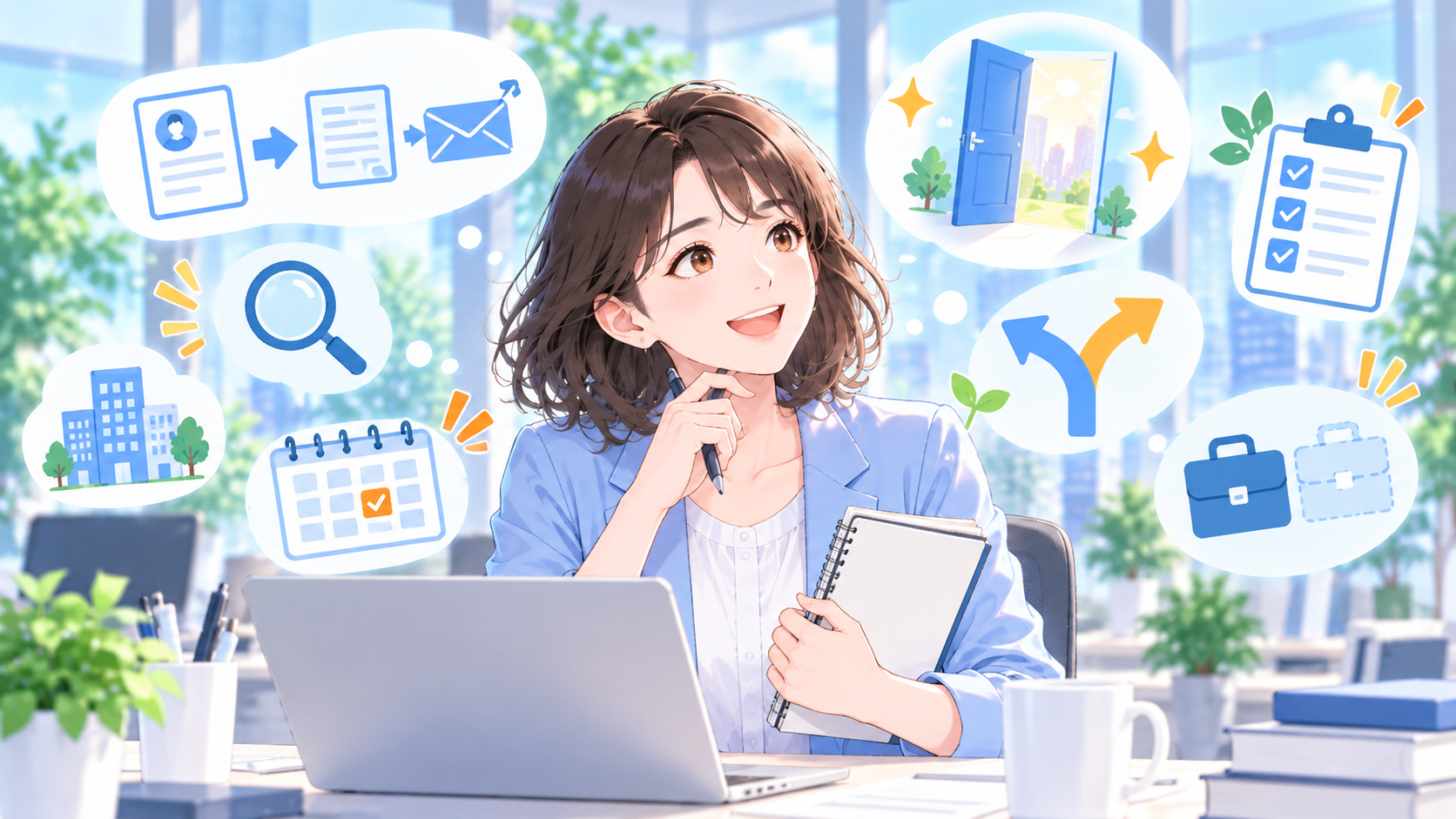 転職応募をするか迷いながら選択肢を整理する女性ビジネスパーソンのイラスト