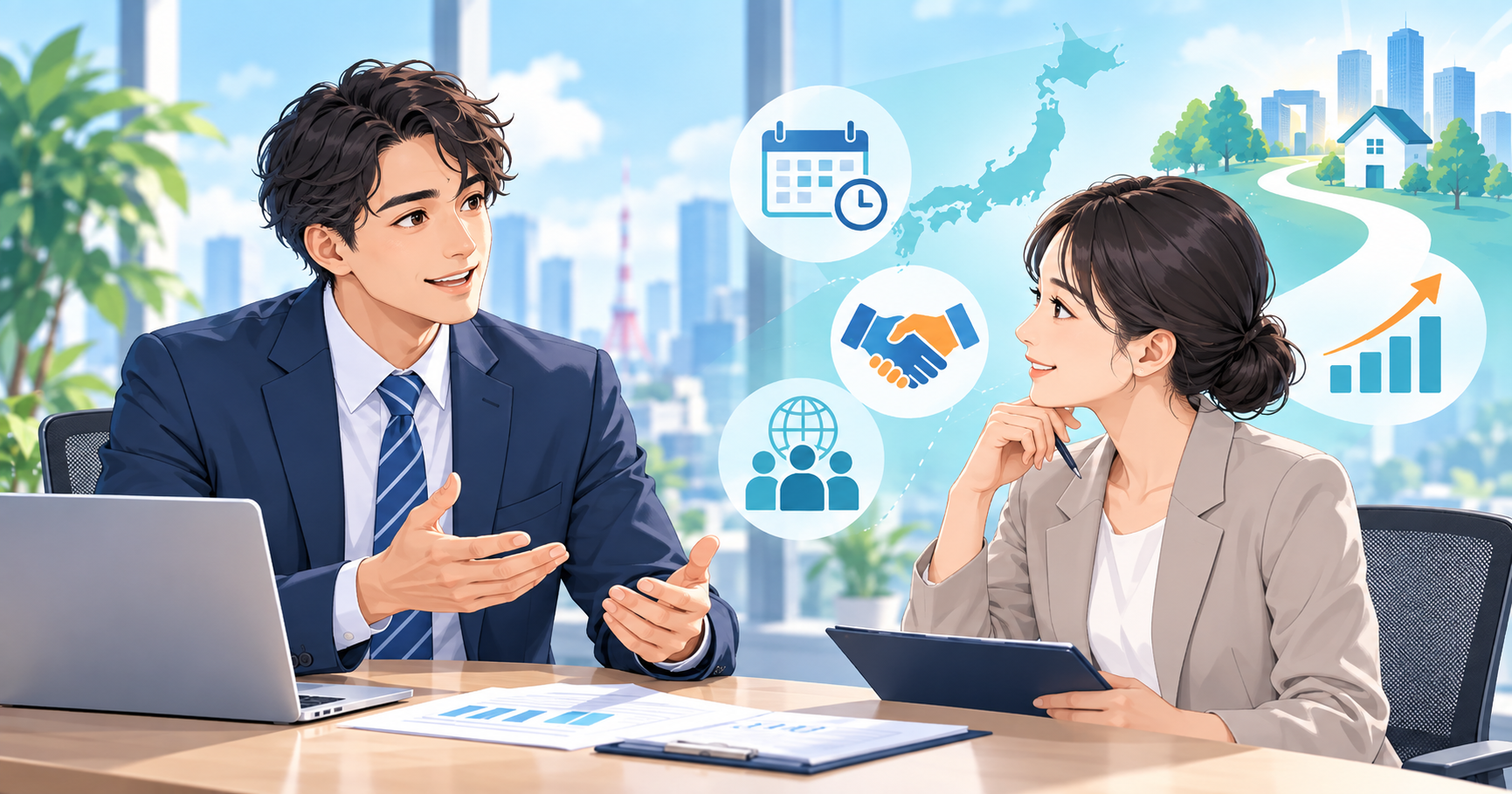 外国人の日本転職で企業が確認する長期就業やコミュニケーションを表現したキャリア相談のイラスト