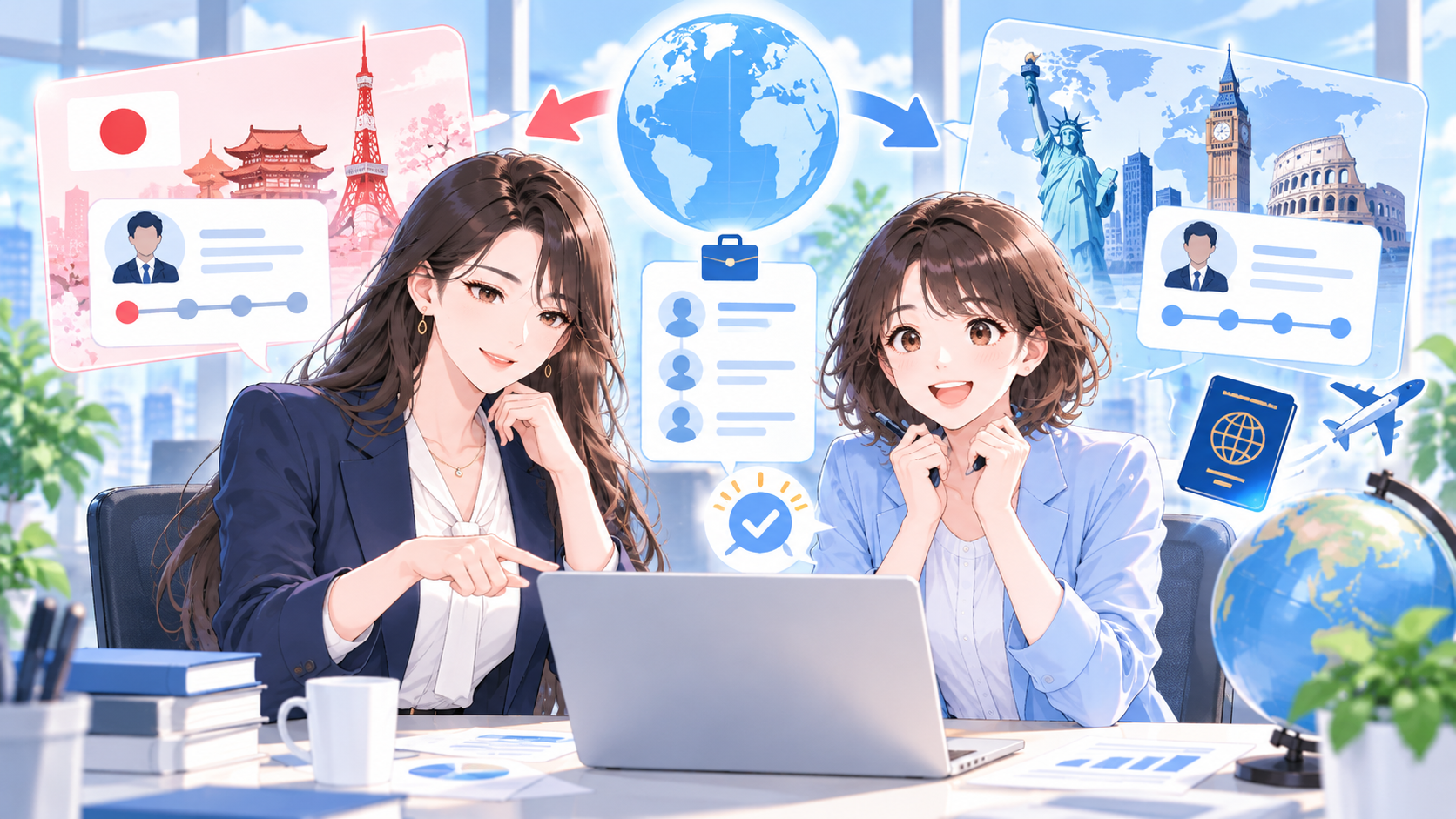 日本と海外で異なる転職回数の評価を比較する2人の女性ビジネスパーソンのイラスト