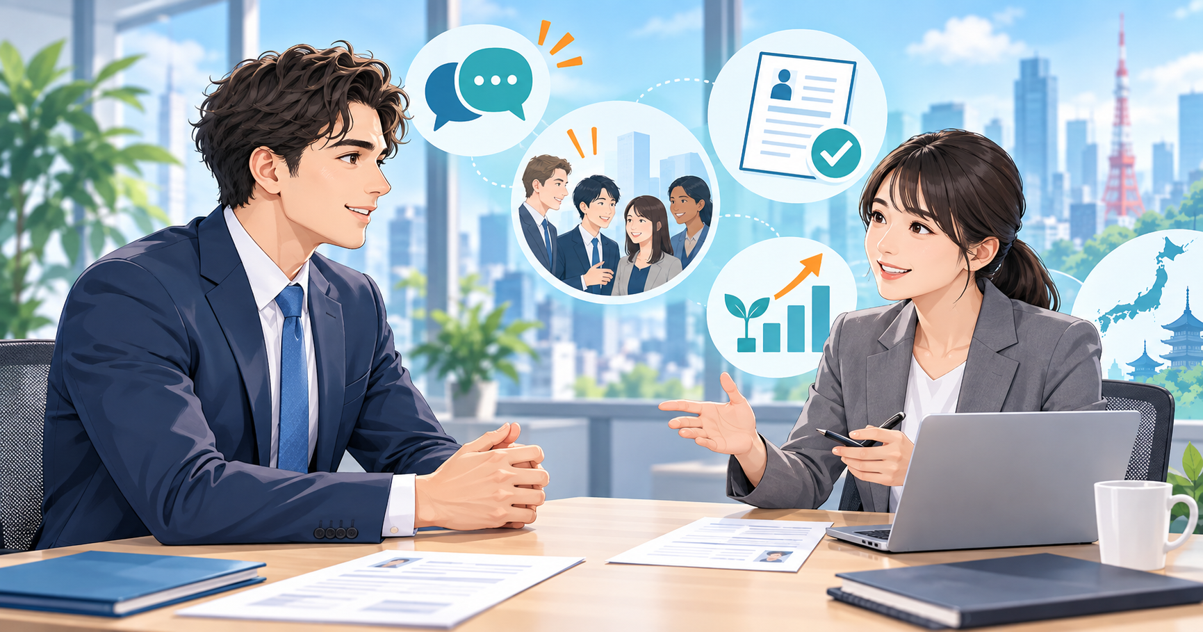 外国人エンジニアの日本転職について採用側の評価ポイントを考えるキャリア相談のイラスト