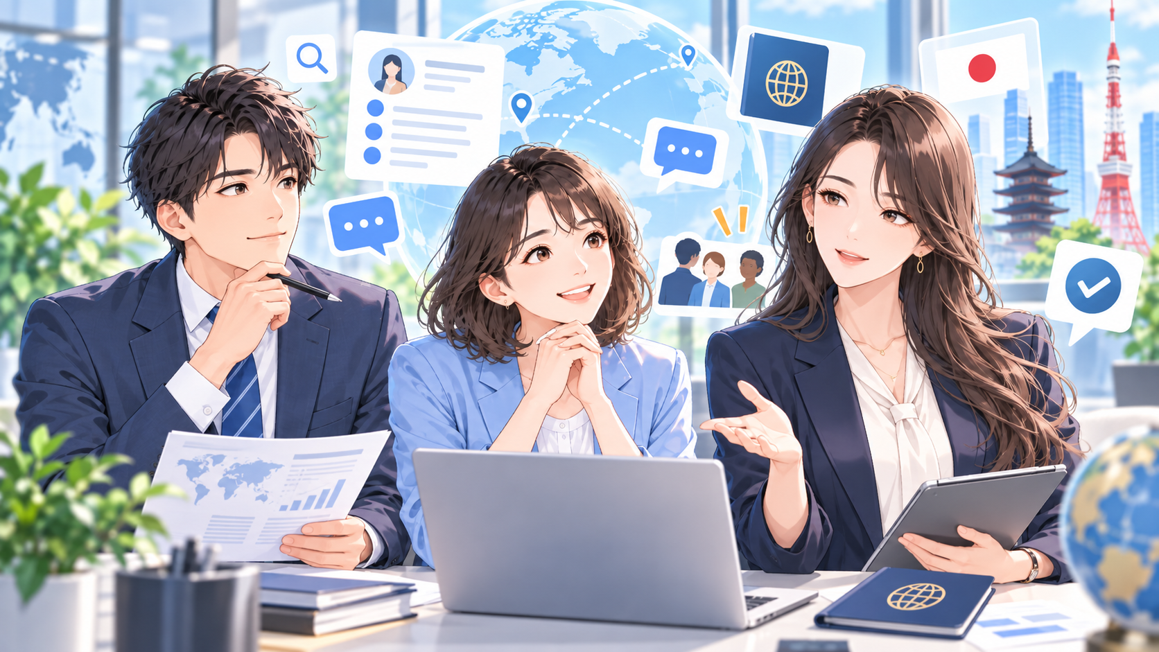 外国人の志望動機と日本でのキャリアを考えるビジネスパーソンのイラスト