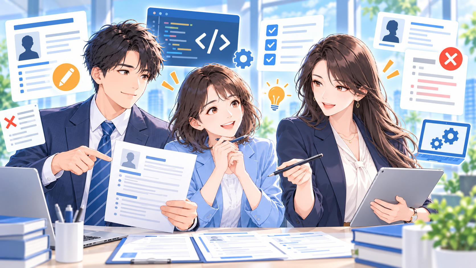 外国人エンジニア向けの職務経歴書を確認する3人のビジネスパーソンのイラスト