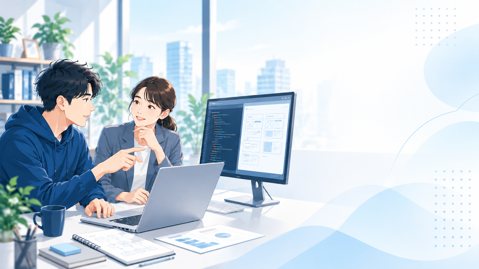IT職種のビジネスパーソンがキャリアと仕事の成長について話し合うオフィスのイラスト