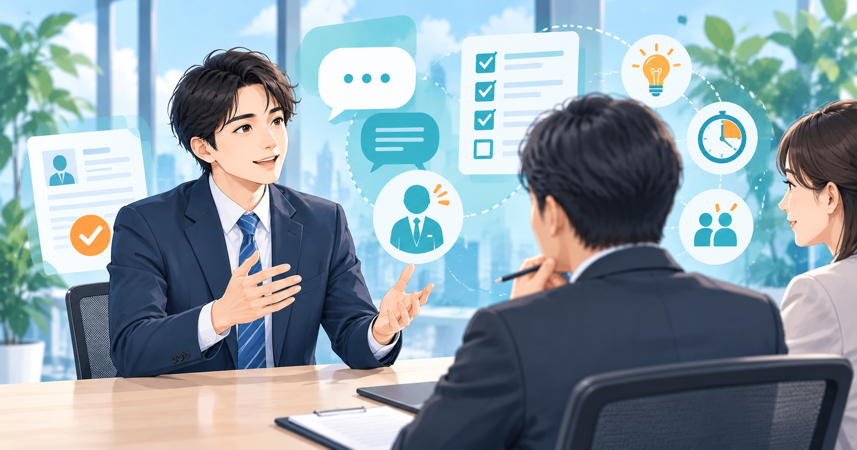 面接での話し方や回答を見直す候補者と面接官のイラスト