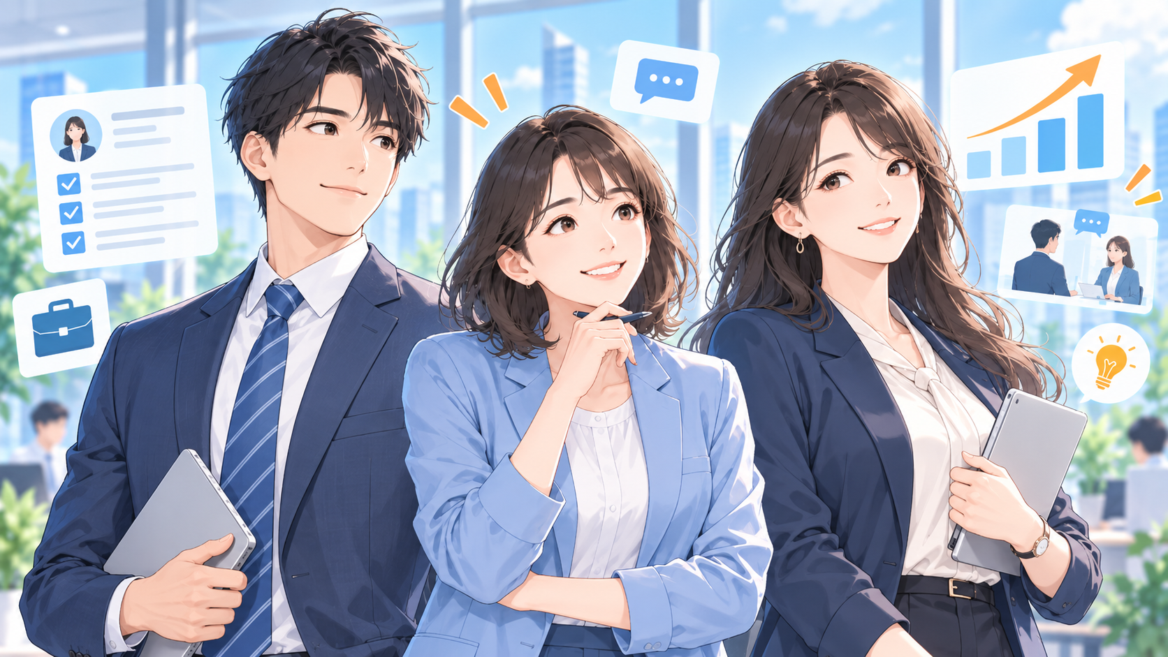 日本で長く働くキャリアを考える3人のビジネスパーソンのイラスト