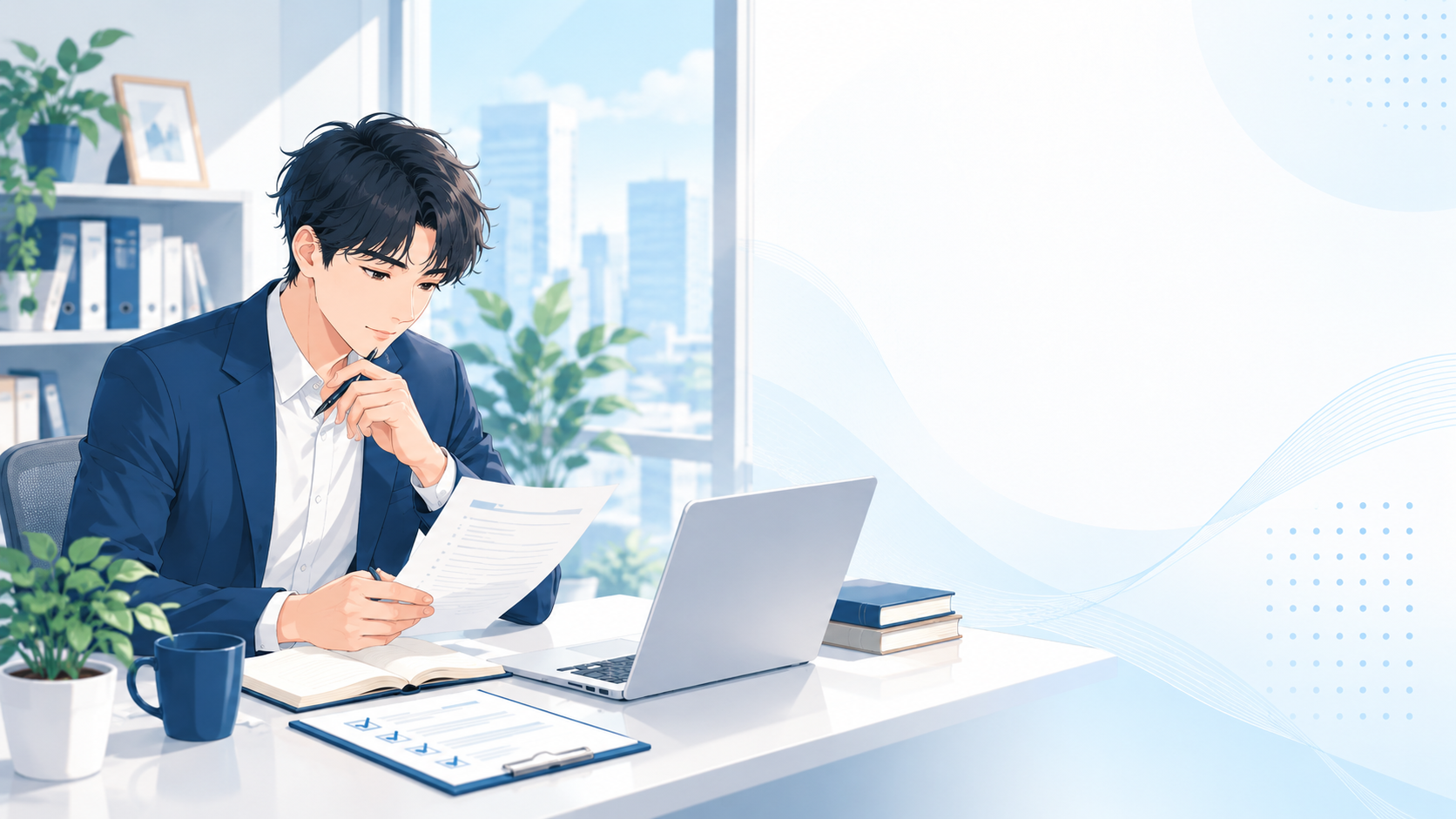 転職活動の書類を確認しながら選考対策を考えるビジネスパーソンのイラスト