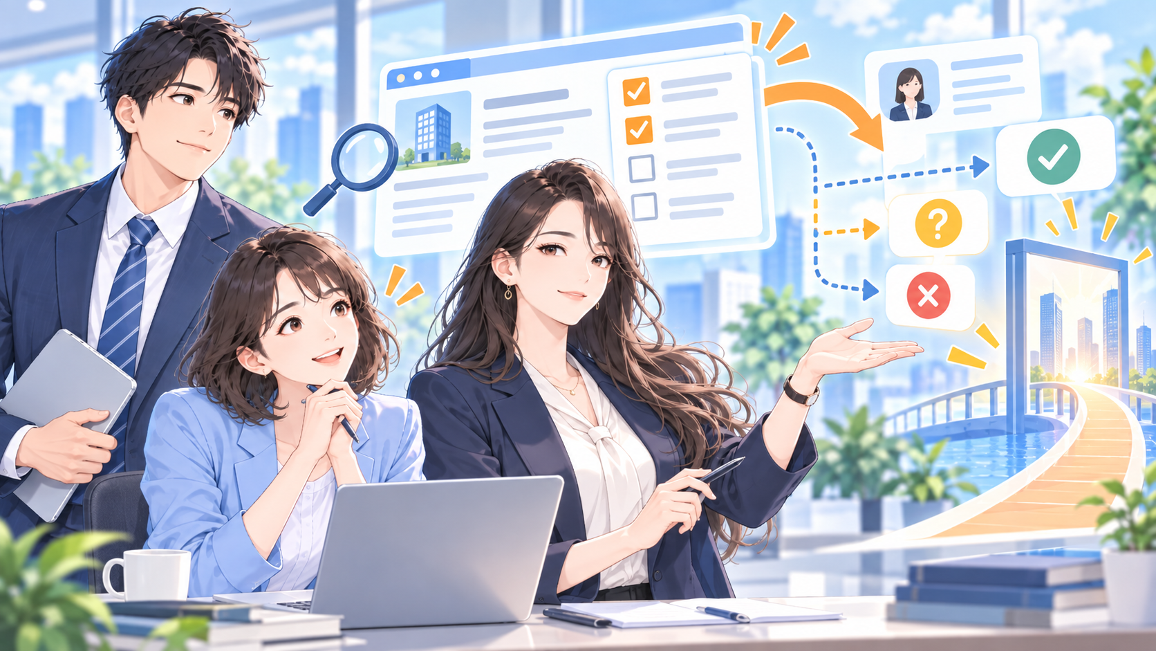 求人票の必須要件と応募可能性を確認する3人のビジネスパーソンのイラスト