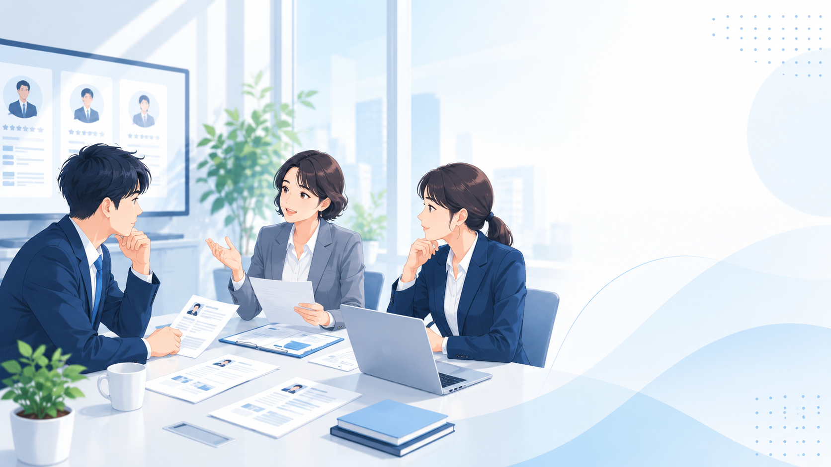 採用担当者が候補者資料を見ながら選考について話し合うミーティングのイラスト