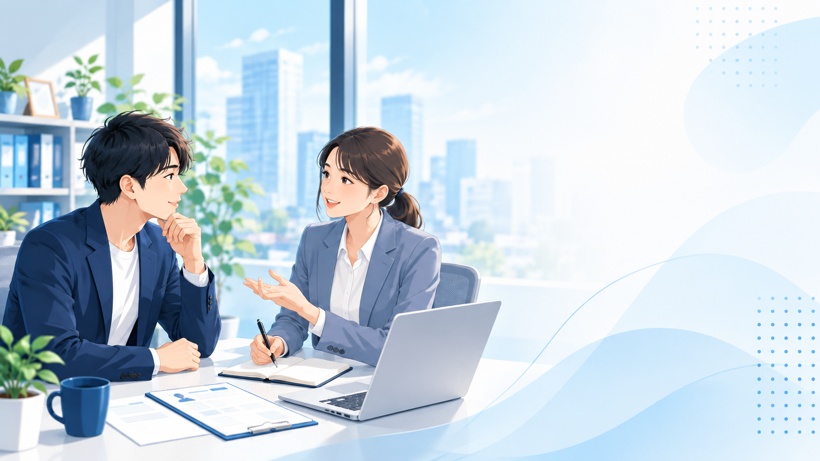 転職エージェントと求職者がオフィスでキャリア相談をしているイラスト