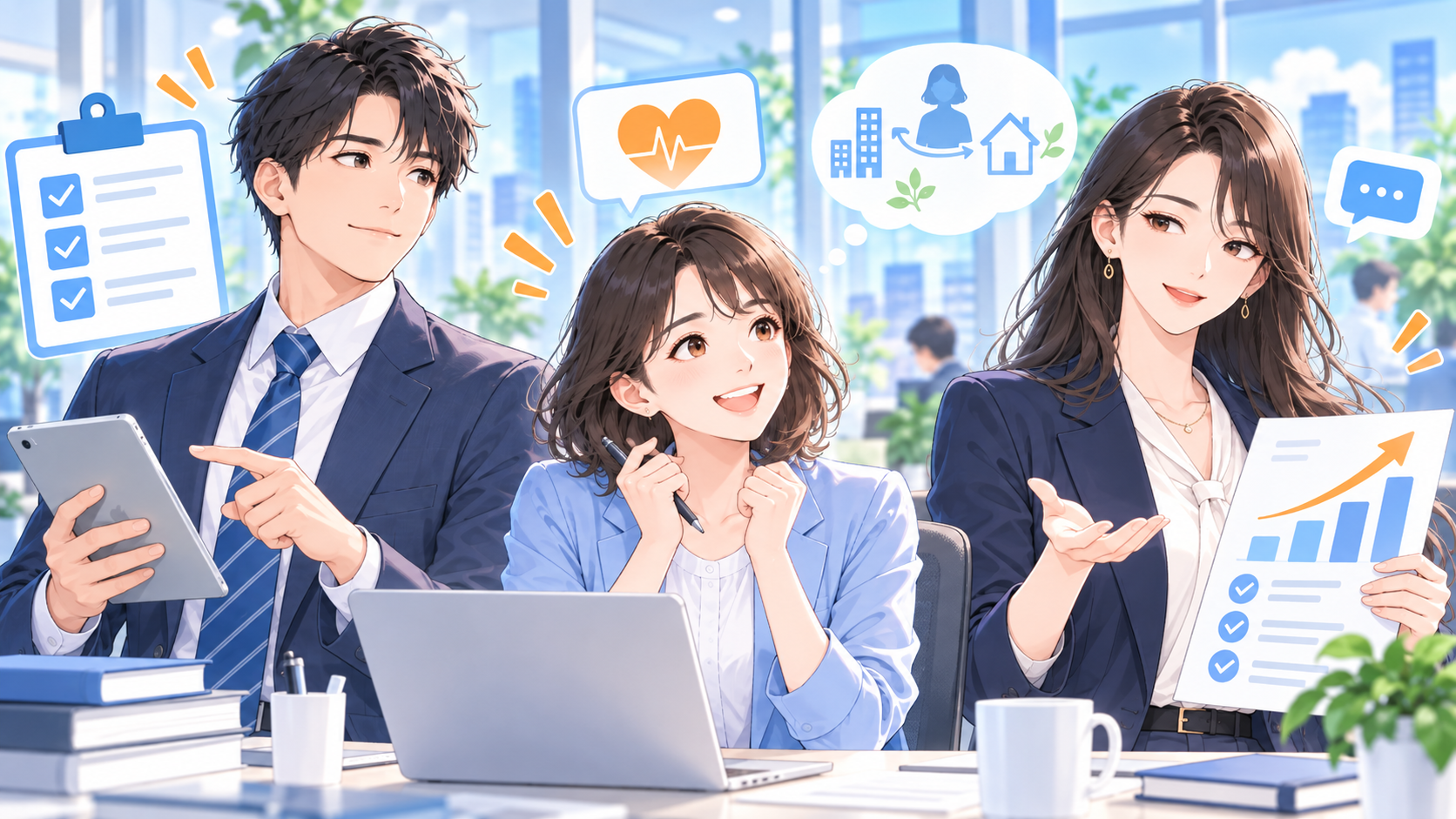 転職活動をキャリアの健康診断として考える3人のビジネスパーソンのイラスト