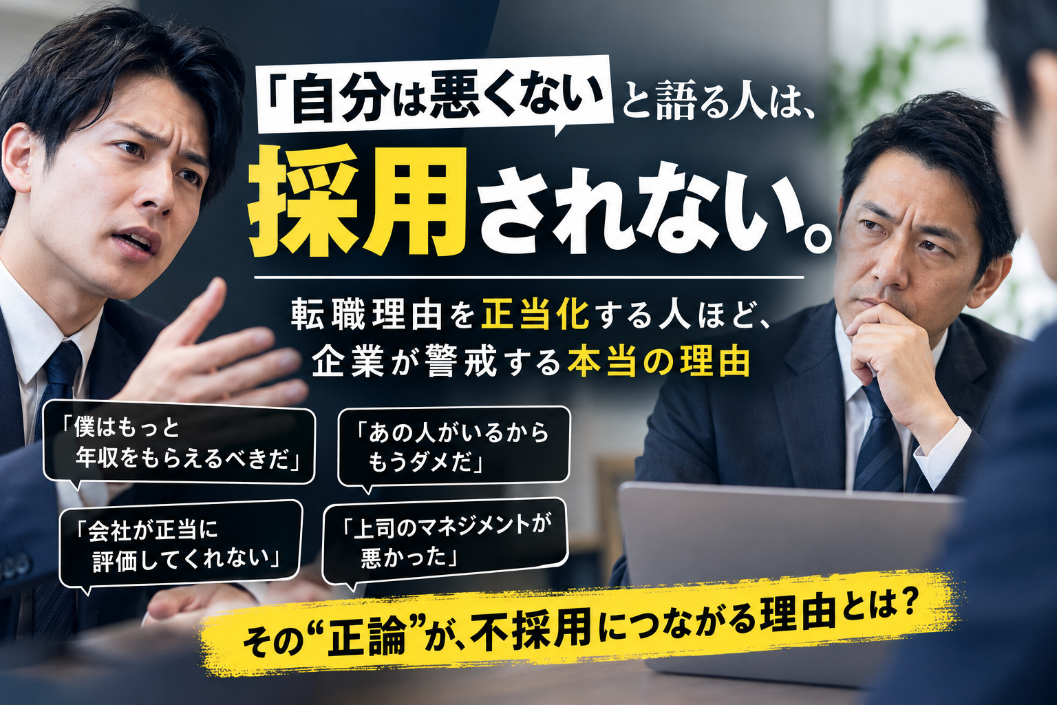 転職面接で前職の不満を説明する応募者と慎重に話を聞く面接官。転職理由の正当化と他責思考が採用評価に与える影響